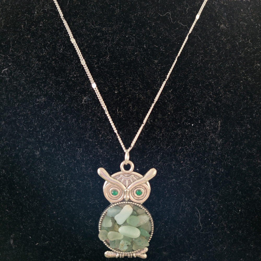 Charming Silver Owl Necklace with Green Details